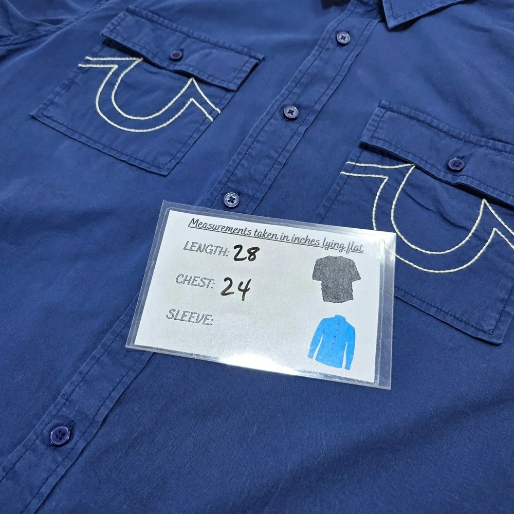 True Religion Shirt Mens Large Blue Cotton Short Sleeve Workwear Horseshoe‎ Y2K